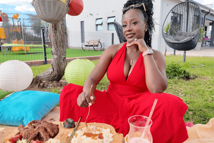 VIP Picnic area - woman in red dress enjoying a picnic